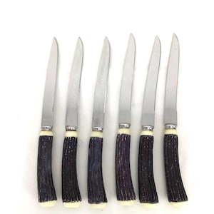 Vintage Faux Stag Horn Steak Knives – Set of 6 Stainless Steel Cabin Flatware
