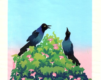 Two Boys Singing - Reduction Linocut Print of Boat-tailed Grackles
