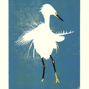 Snowy Egret - Reduction Linocut Print