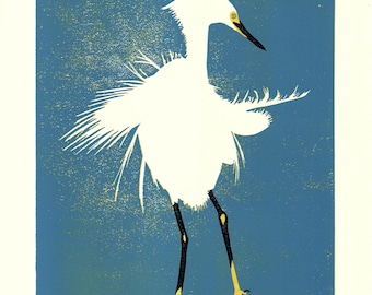 Snowy Egret - Reduction Linocut Print
