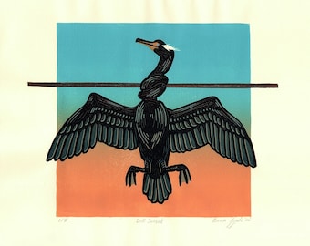 Dull Sunset - Reduction Linocut Print of a Double-Crested Cormorant