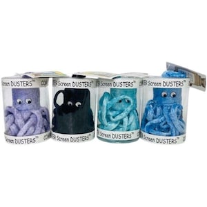 May include: Four colorful octopus-shaped screen dusters in clear plastic containers. The dusters are in shades of blue, black, and purple. Each container is labeled "Screen DUSTERS".