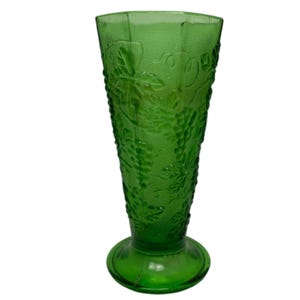 Vintage Octagon  Flower Pedestal Vase Pressed Glass Green Grapes Leaves Vines