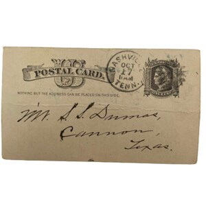Karta pocztowa US One Ephemera Cent z 1882 r. Cannon/Nashville, Teksas, lata 80. XIX wieku