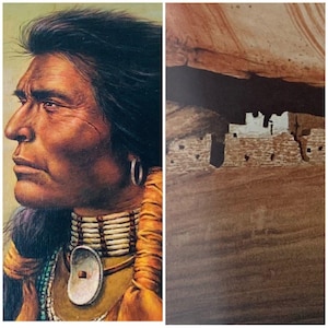 May include: A split image featuring a portrait of a Native American man and a depiction of a cliff dwelling. The portrait shows a man with dark hair, a silver earring, and traditional beaded jewelry. The cliff dwelling is rendered in shades of brown and tan.
