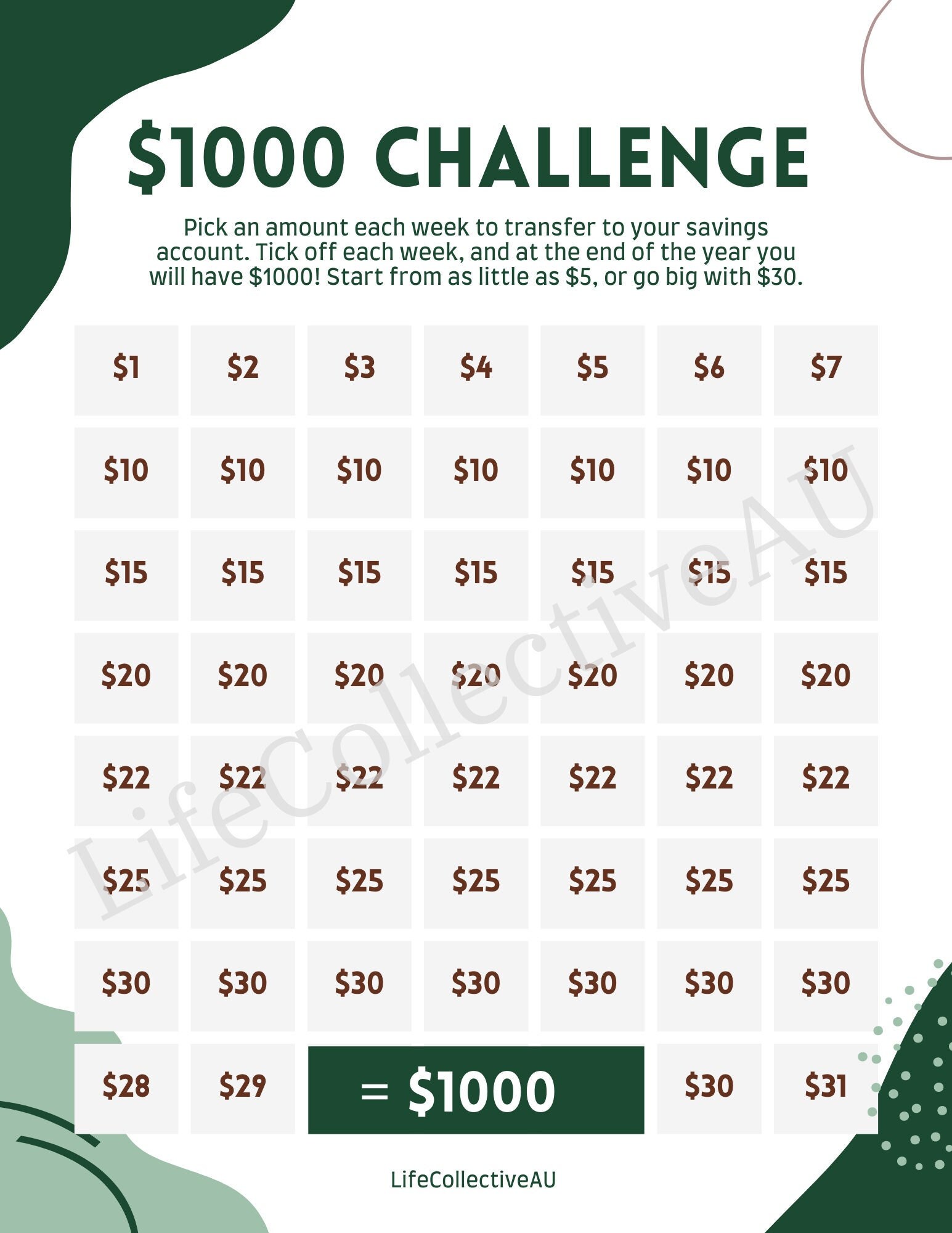 Printable Money Challenge Budgeting Tool One Thousand | Etsy