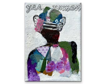 Retrato original en acrílico, arte marginal bruto, 5x7 pulgadas.