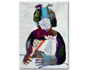 Retrato original en acrílico, arte marginal bruto, 5x7 pulgadas.