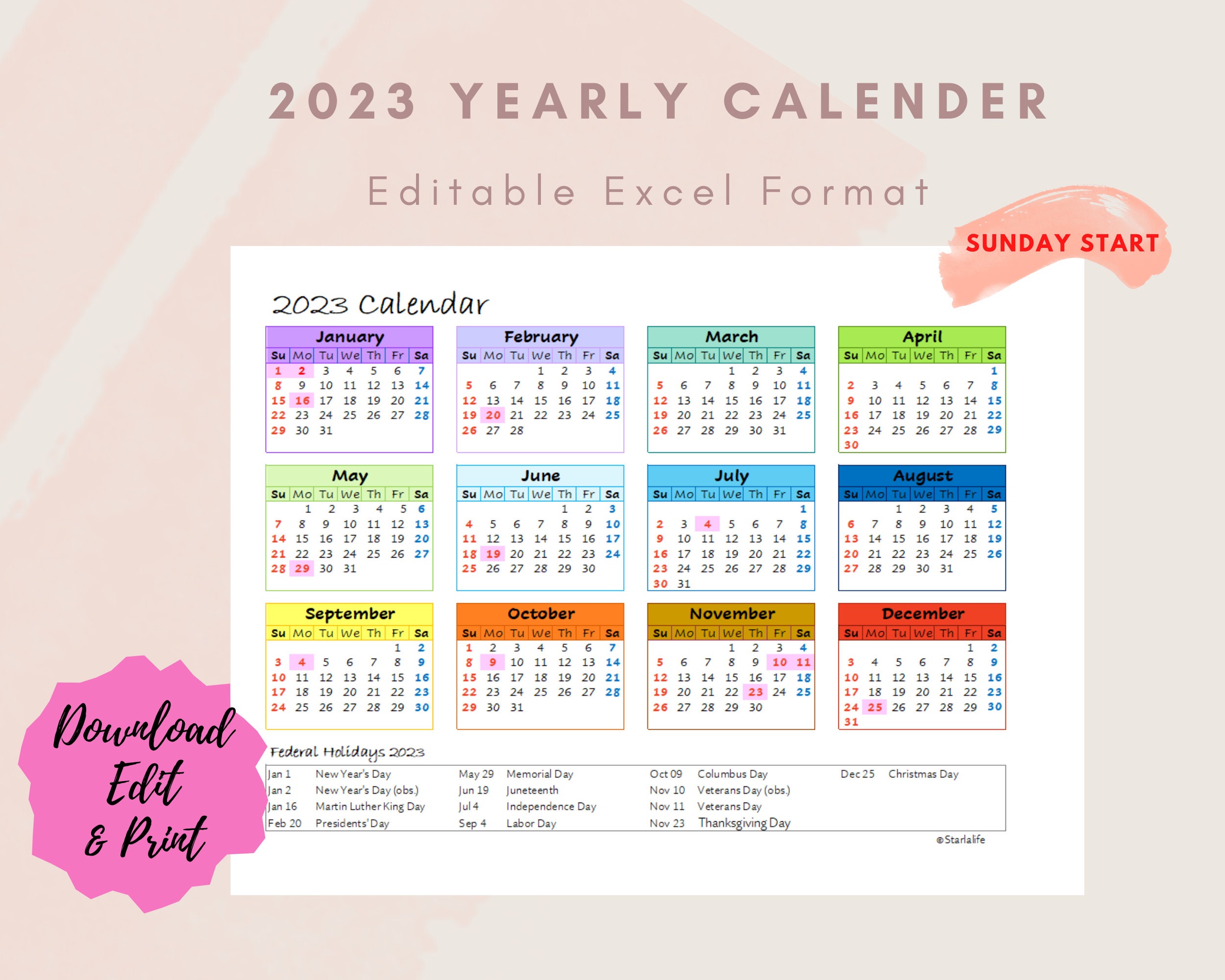 2023 Yearly One Page Excel Calendar - Etsy