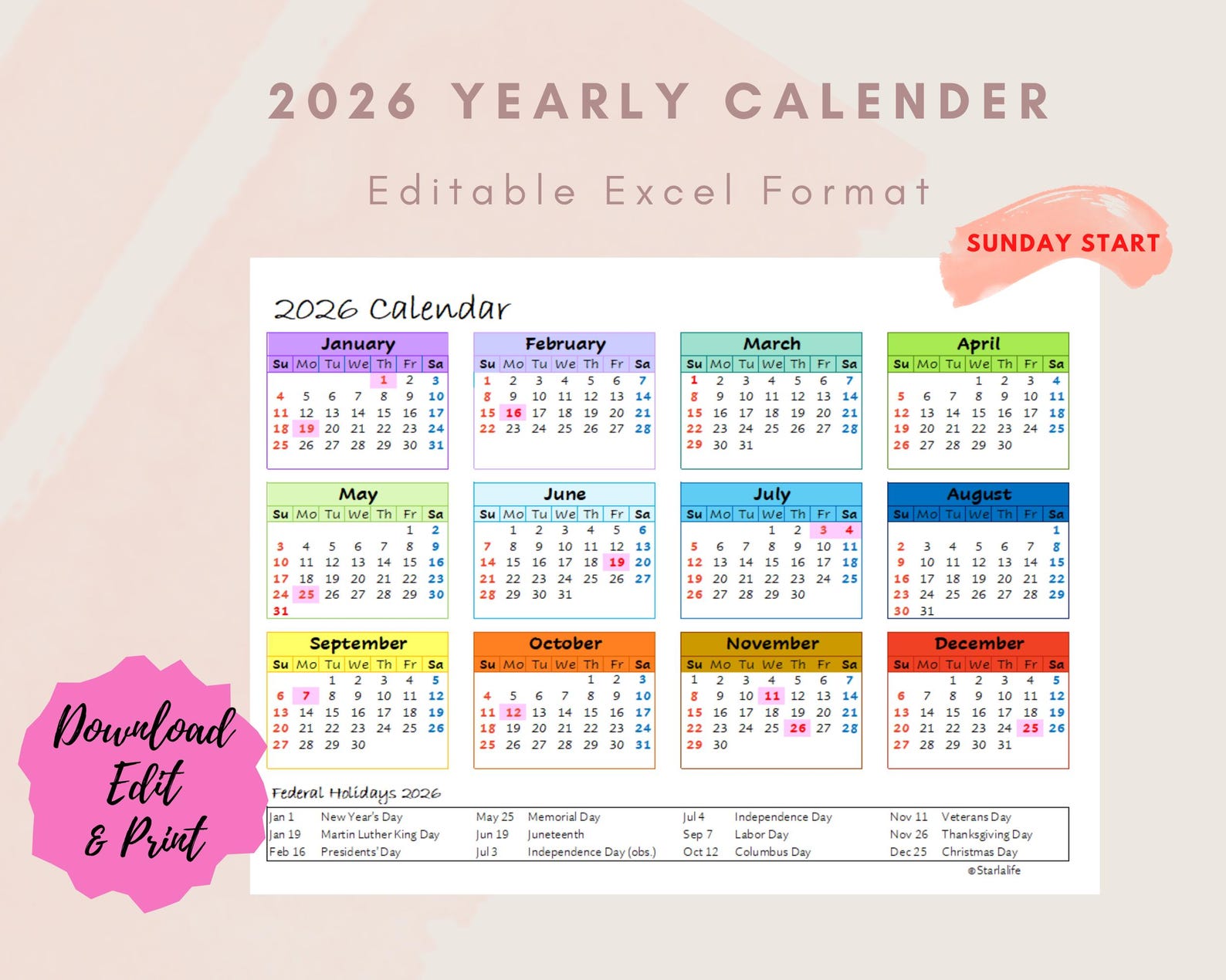 2026 Yearly One Page Excel Calendar Etsy