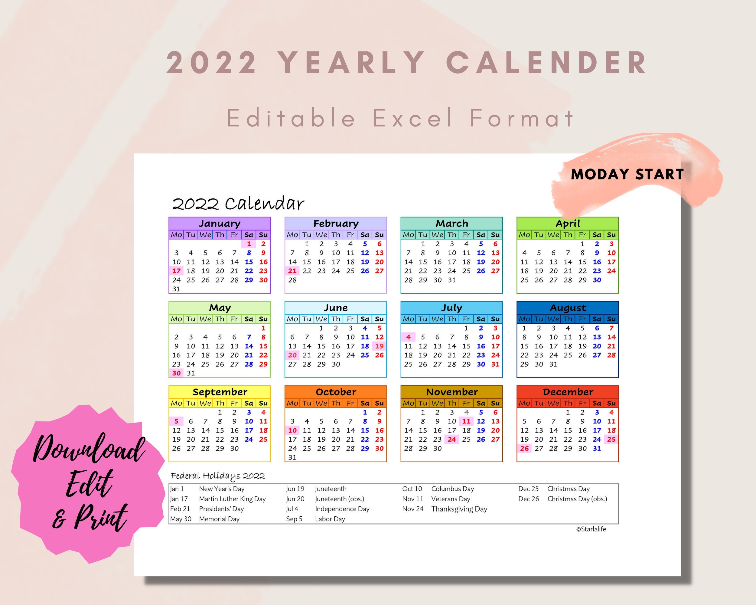 2022 Calendar Excel One Page