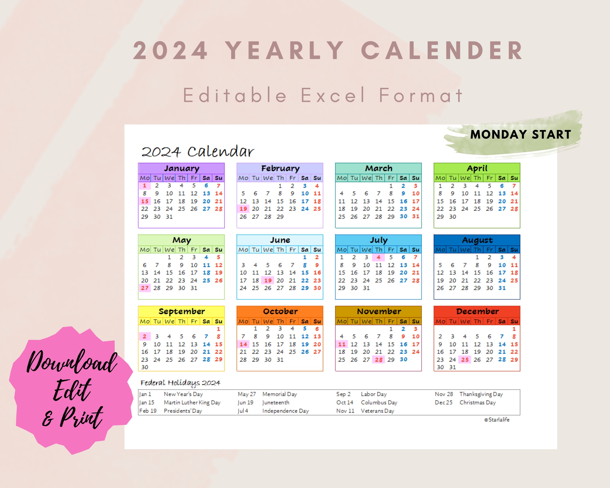 2024 Yearly One Page Excel Calendar Etsy Singapore