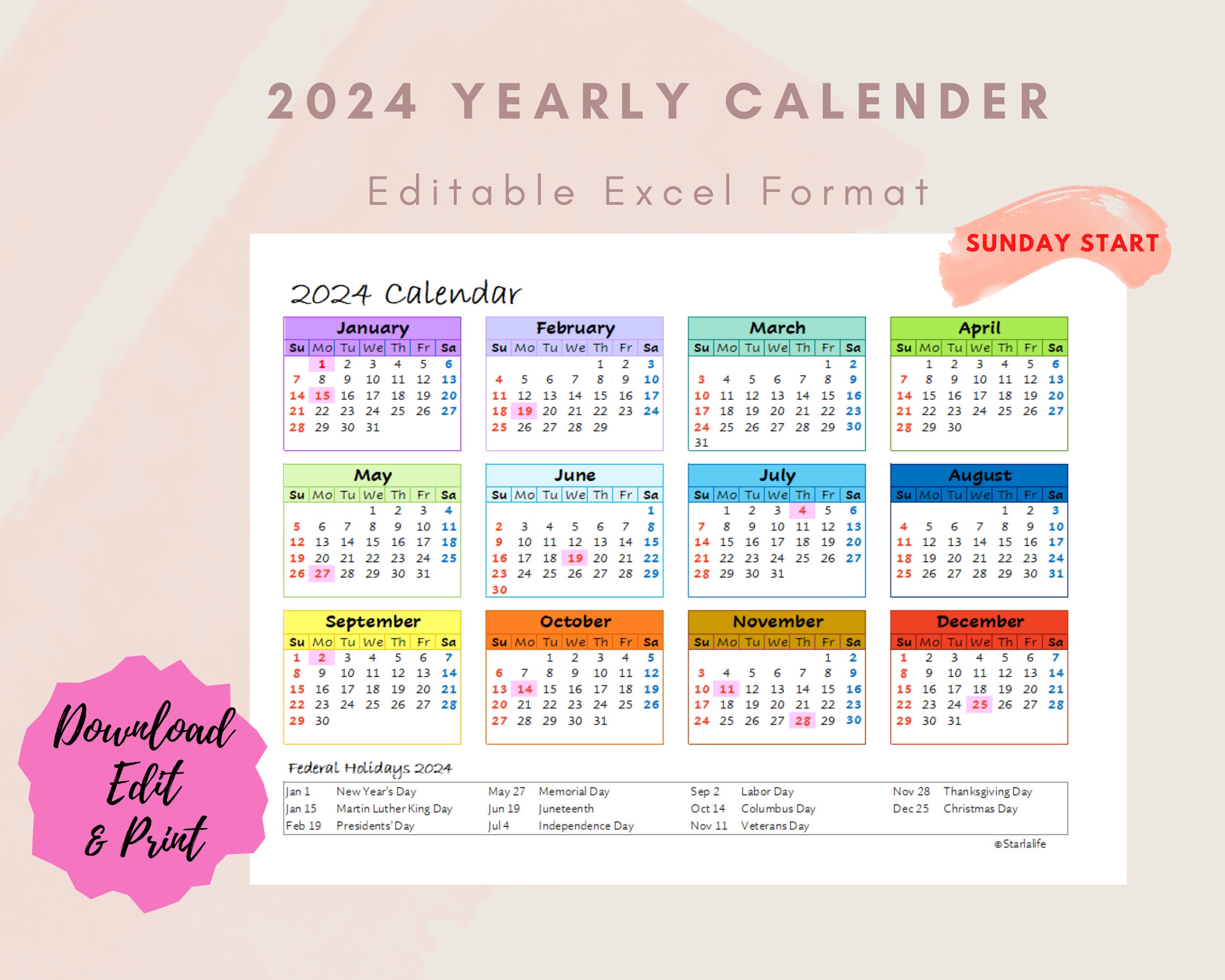 2024 Yearly One Page Excel Calendar Etsy Singapore