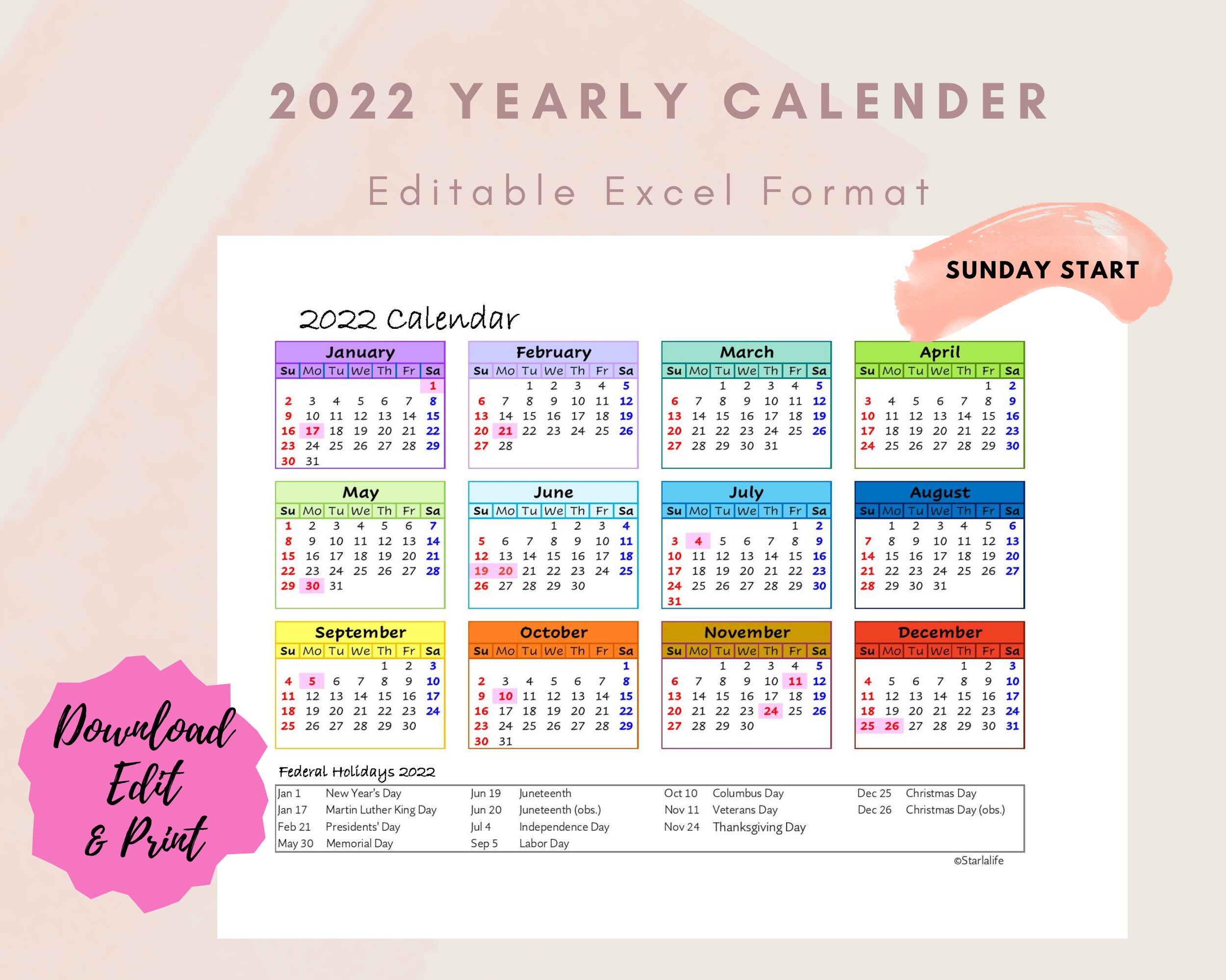 2022 yearly one page excel calendar etsy