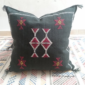 Handmade Moroccan Cactus Pillow Cases by Local Artisans - Decorative Black Cactus Silk Pillow