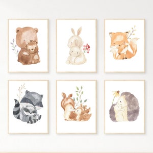 Aquarell Kinderzimmer Bilder 6er Set, DIGITAL ART PRINT, Wald Baby Tiere Wandbild, Wald Baby Tier Poster, Kinderzimmer Geschenk