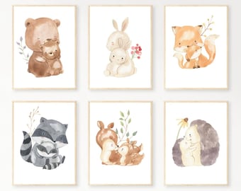 Aquarel Woodland Nursery Prints Set van 6, DIGITALE ART PRINT, Forest Baby Dieren Wall Art, Woodland Baby Animal Prints, Nursery Gift