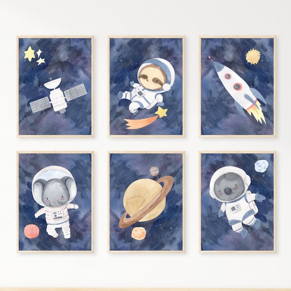 Space Astronaut Animal Prints Set of 6, DIGITAL ART PRINT, Planet and Rocketship Nursery Prints, Watercolour Gender Neutral Nursery Wall Art