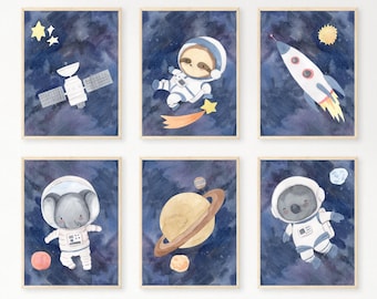 Space Astronaut Animal Prints Set of 6, DIGITAL ART PRINT, Planet and Rocketship Nursery Prints, Watercolour Gender Neutral Nursery Wall Art