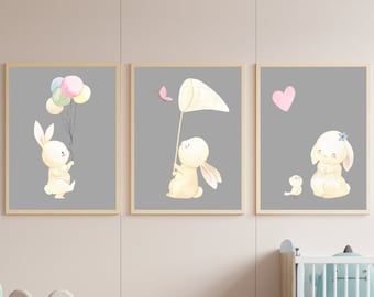 Watercolour Bunny Print Set of 3, DIGITAL ART PRINT, Nursery Wall Art, Woodland Baby Animal Nursery, Gender Neutral Nursery Art, Baby Decor