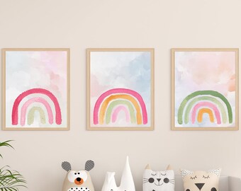 Triple Rainbow Watercolour Art Set of 3, Nursery Prints for Girls Room Decor, Baby Girl Nursery Decor, Toddler Bedroom Art, Printable Art