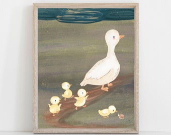 Acuarela Duck and Ducklings Print, DIGITAL ART PRINT, Gender Neutral Nursery Artwork, Toddler Room Decoration, Baby Nursery Print, Snail