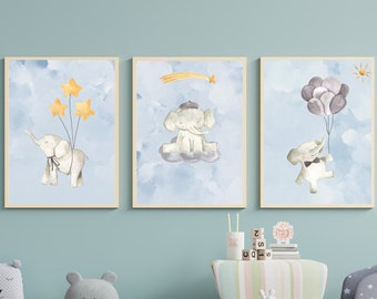 Baby Elephants Set of 3, DIGITAL ART PRINT, Shooting Star, Boy Nursery Wall Art, Baby Boy Wall Art Decor, Printable Wall Art, Boys Bedroom