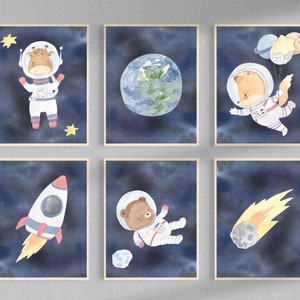 Watercolour Space Prints Set of 6, DIGITAL ART PRINT, Animal Astronaut Nursery Decor, Planet Prints, Rocketship Prints for Childs Room
