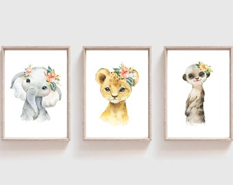 Safari Animal Set of 3 Wall Decor, DIGITAL ART PRINT, Blush Pink, Floral Safari Animal Printables, Girls Nursery Wall Art, Lion Elephant Art