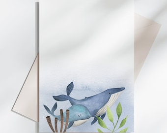 Printable Blue Whale Greeting Card, DOWNLOADABLE CARD, Ocean Themed Card, Blank Greeting Card, Kids Birthday Card, Baby Shower Gift, Water