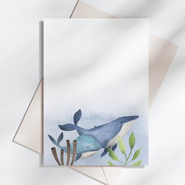 Printable Blue Whale Greeting Card, DOWNLOADABLE CARD, Ocean Themed Card, Blank Greeting Card, Kids Birthday Card, Baby Shower Gift, Water