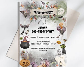 Editable Halloween Birthday Invitation, Halloween Birthday, Trick or Treat Boo-thday Party, Halloween Party Invitation, Canva Template
