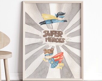 Impresión de arte de pared de acuarela de superhéroe, IMPRESIÓN DE ARTE DIGITAL, Decoración de la habitación de la guardería, Guardería de superhéroes para bebés, Impresión neutral de género, Sala de juegos para niños