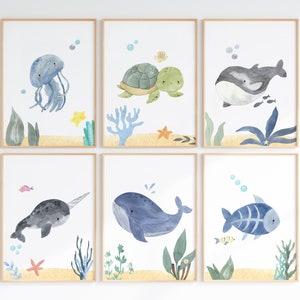 Impresiones de vivero bajo el mar, carteles de animales del océano náutico, arte de pared de animales marinos, conjunto de impresiones de vivero de niño, decoración de sala de juegos, descarga digital