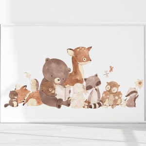 Boho Themen Wald Kinderzimmer Panorama Dekor, Aquarell Wald Kinderzimmer Druck, Wald Kinderzimmer Kunst, druckbare Wald Baby Animal Print