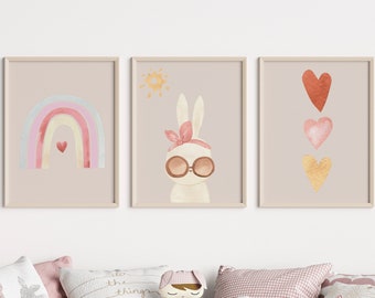 Aquarel Boho Bunny Wall Art Set van 3, DIGITALE ART PRINTS, Pink Blush, Bunny Nursery Wall Decor, Girls Room, Rainbow Boho Wall Art, Hart