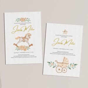 Editable Botanical Toy Horse and Baby Carriage Baby Shower Invitation, Set of 2 Printable Gender Neutral Invitations, Hello Baby Boy or Girl