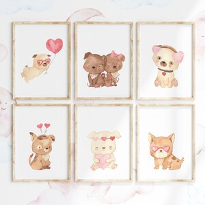 Valentines Day Dog Wall Art Set of 6, DIGITAL ART PRINTS, Puppy Nursery Decor, Valentines Day Printables, Watercolour Art Prints, Love Art