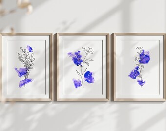Boho Botanical Print Set of 3, Purple Gallery Wall Art, Pastel Purple Wild Flowers Printable Art, Abstract Line Watercolour Floral Art Decor