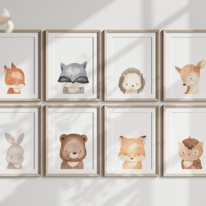Woodland Nursery Prints Set de 8, IMPRESIONES DE ARTE DIGITAL, Decoración de vivero de Woodland en acuarela, Estampados de animales para bebés de Woodland, Regalo de guardería, Neutral