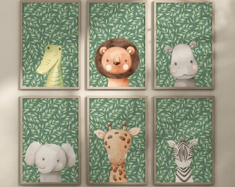 ジャングル動物プリント、6 枚セット、サファリ保育園プリント、赤ちゃん動物ウォールアートセット、保育園ウォールアート、サファリ保育園装飾、印刷可能なアート