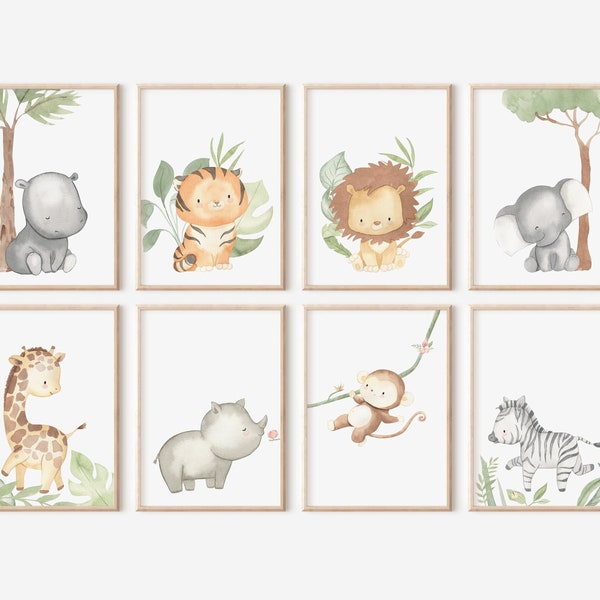 Jungle Baby Animal Prints, Safari Nursery Wall Prints, Set of 8 Prints, Printable Wall Art, Safari Nursery Decor, Baby Boy Nursery, Lion