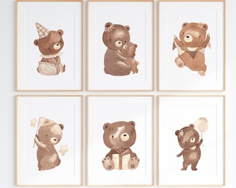 Set of 6 Bear Print, Bear Nursery Decor, Nursery Wall Decor, Baby Boy Print, New Baby Printable, Brown Nursery Poster, Neutral Nursery Print