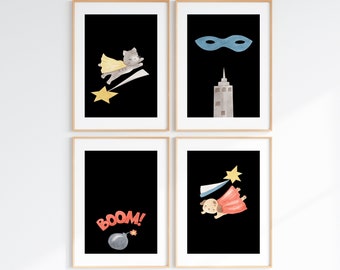 Acuarela superhéroe animales conjunto de 4, IMPRESIONES DE ARTE DIGITAL, arte de la pared de la guardería, decoración de la guardería de superhéroes, carteles de superhéroes, arte de la sala de juegos para niños