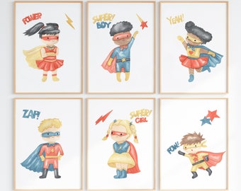 Watercolour Superheros Set of 6 Wall Art Prints, DIGITAL ART PRINTS, Superhero Nursery Decor, Boy Superhero Prints, Girl Superhero Prints