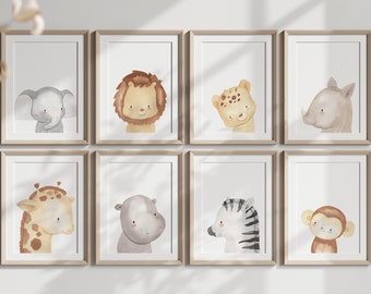 Safari Baby Animals Set of 8 Nursery Prints, DIGITAL ART PRINTS, Watercolour Jungle Animals, Gender Neutral Wall Art, African Animals
