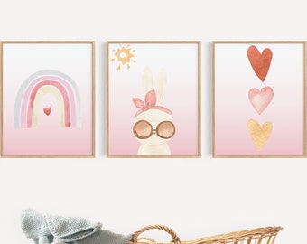 Boho Bunny Print Set of 3, Nursery Wall Art, Girls Bedroom Decor, Girls Room, Rainbow Boho Wall Art, Printable Digital Download, Pink Art