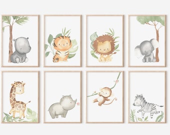 Jungle Baby Animal Prints, Safari Nursery Wall Prints, Set of 8 Prints, Printable Wall Art, Safari Nursery Decor, Baby Boy Nursery, Lion