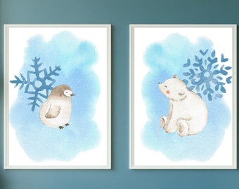 Arctic Friends set of 2, DIGITAL ART PRINT, Polar Animals Nursery art, Polar bear, Penguin, Arctic nursery decor, Winter nursery wall art