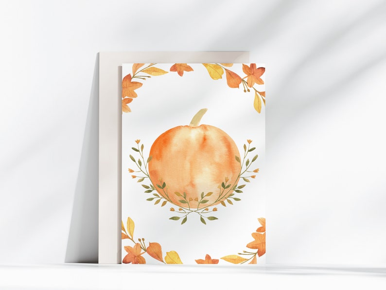 Printable Fall Pumpkin Greeting Card, DIGITAL DOWNLOAD, Halloween Card, Blank Greeting Card, Autumn Card, Fall Leaves Wreath, Teacher Gift image 2